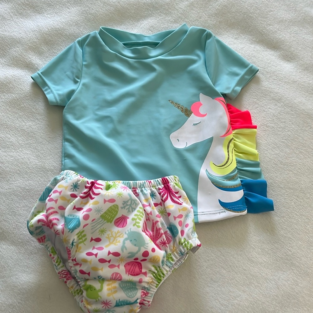 Carters short sleeve swim shirt , Green Sprout swim diaper